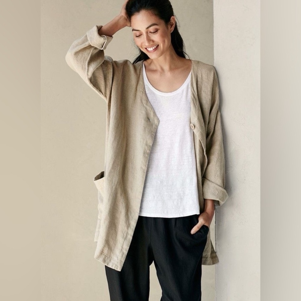 Eileen Fisher Unnatural Linen Hopsack V - Neck Boxy Jacket Large